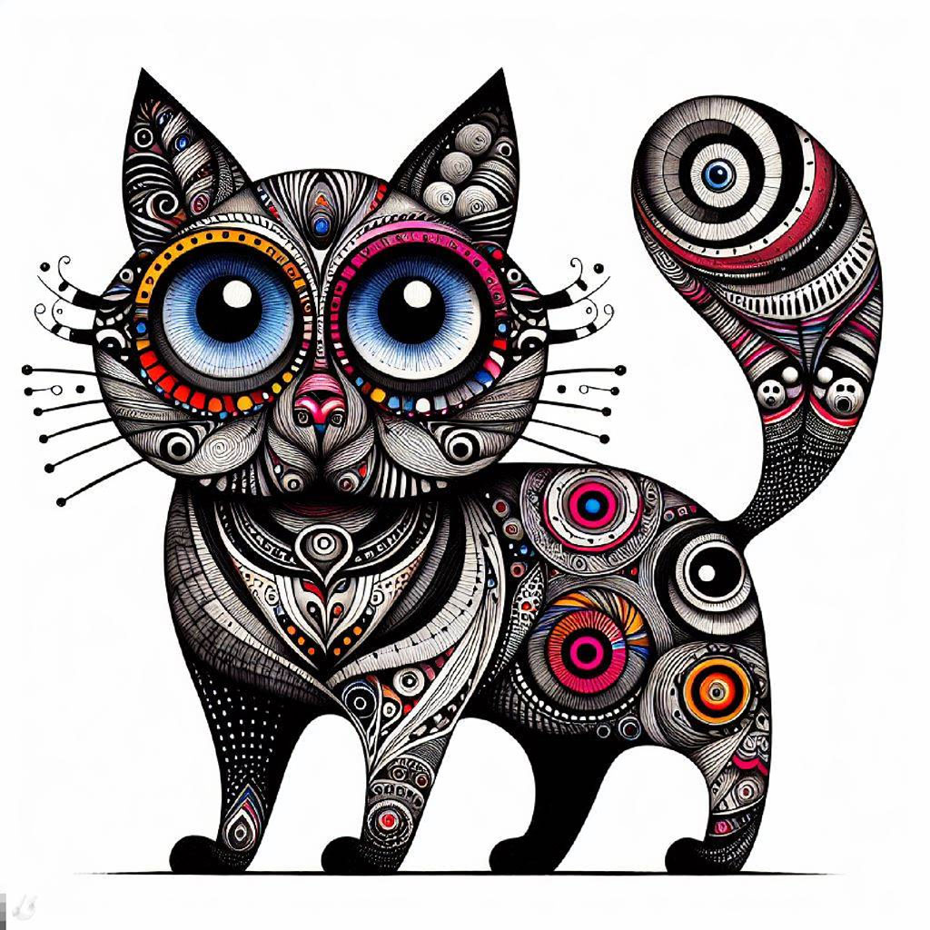 A colorful cat with intricate patterns and flowers around it