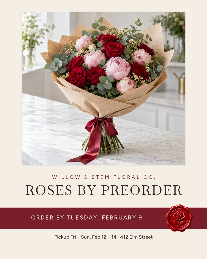 Portrait floral promotion with a bouquet of red and pink roses and preorder details