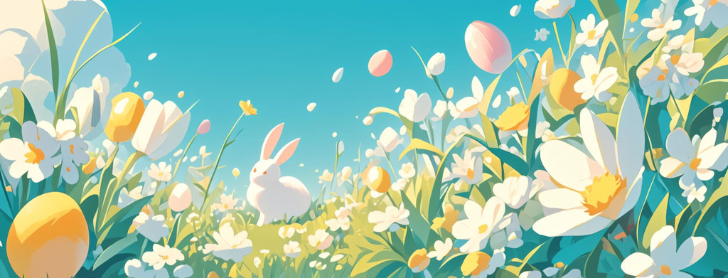 White Easter bunny surrounded by blooming white and yellow flowers with Easter eggs