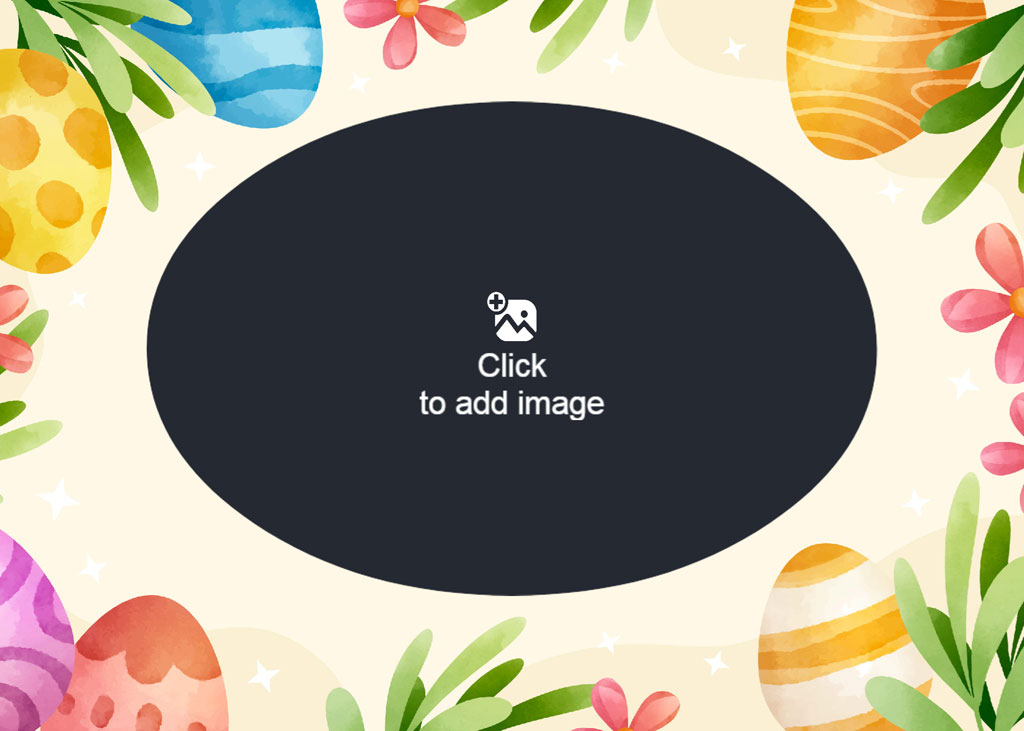 Easter egg frame with blank center surrounded by colorful eggs and flowers