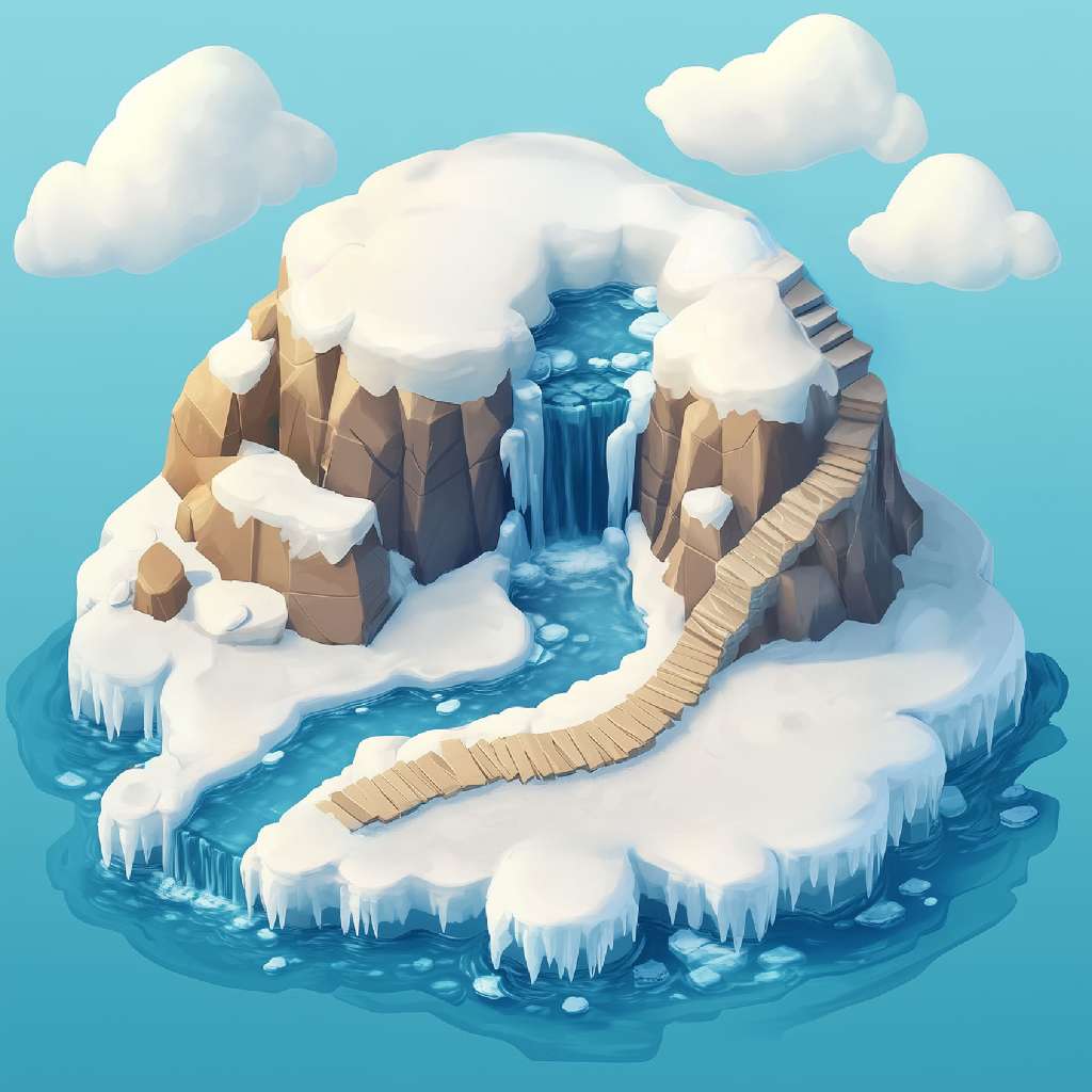 3D illustration of a snowy island with a waterfall and wooden bridge