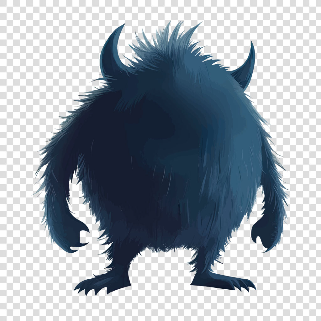 Illustration of a dark blue, furry monster with horns