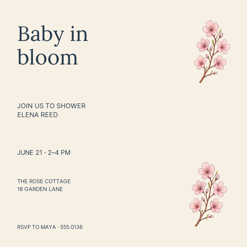 Square baby shower invitation with pink floral branches and beige background.