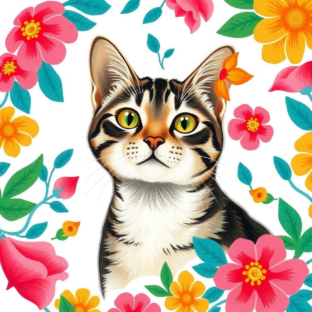 Digital illustration of a calico cat with green eyes surrounded by pink, yellow, and orange flowers
