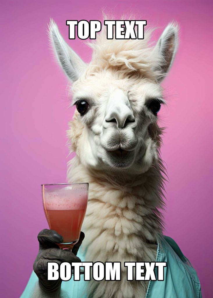Llama holding a glass of pink liquid against a pink background