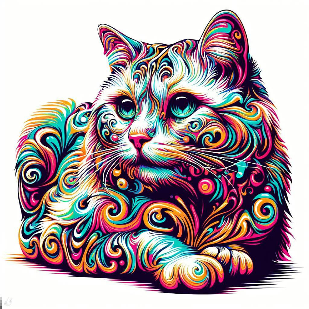 A colorful cat with swirling patterns and a star above its head