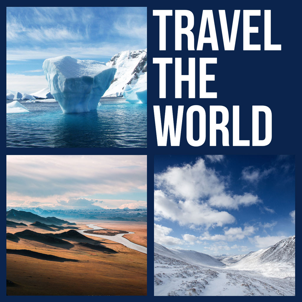 Collage of diverse landscapes including iceberg, desert, and snowy mountains