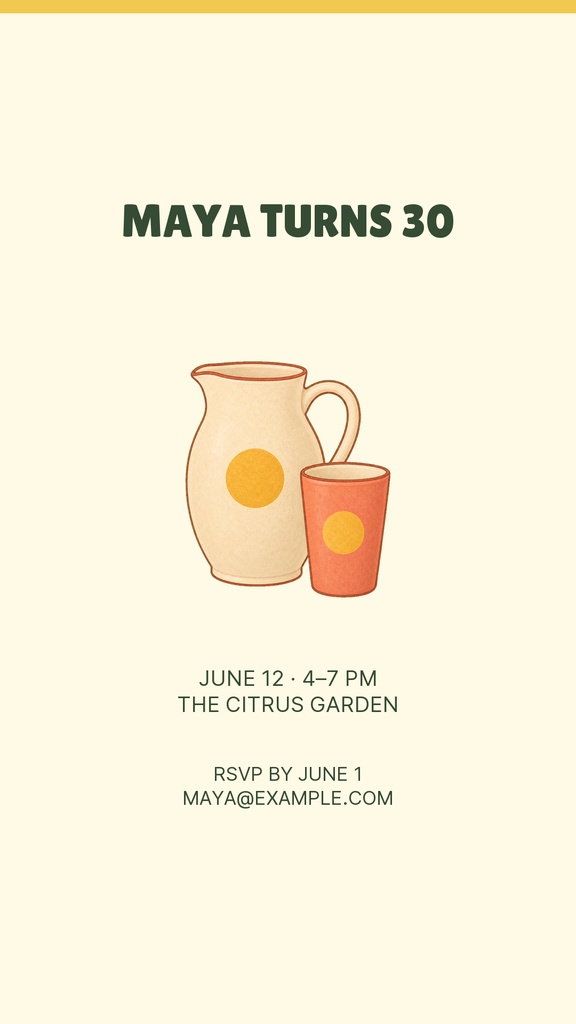 Citrus-themed birthday story with a pitcher, cup, and party details on a cream background.