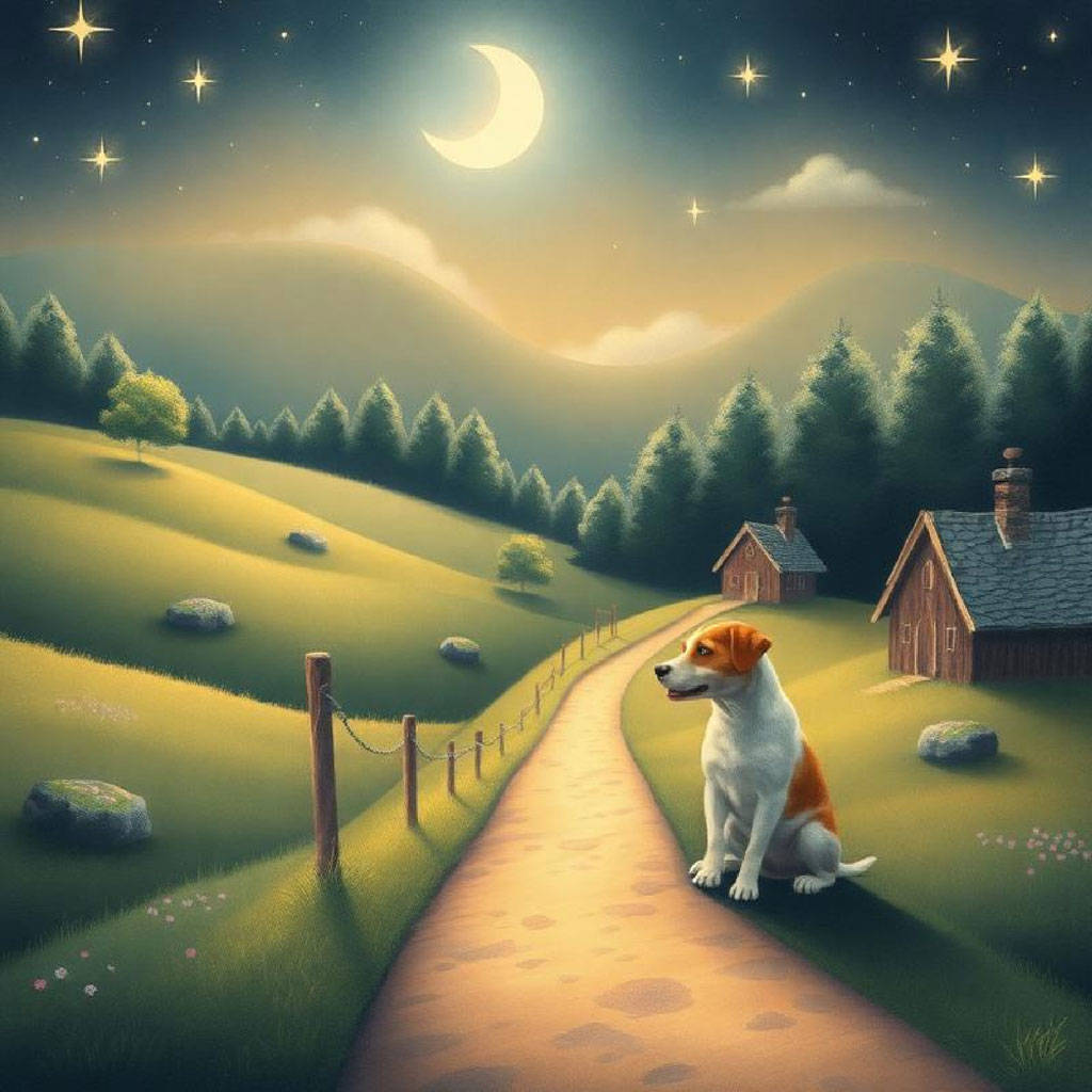 A dog sits on a pathway in a rural landscape at night with a crescent moon and stars shining above.