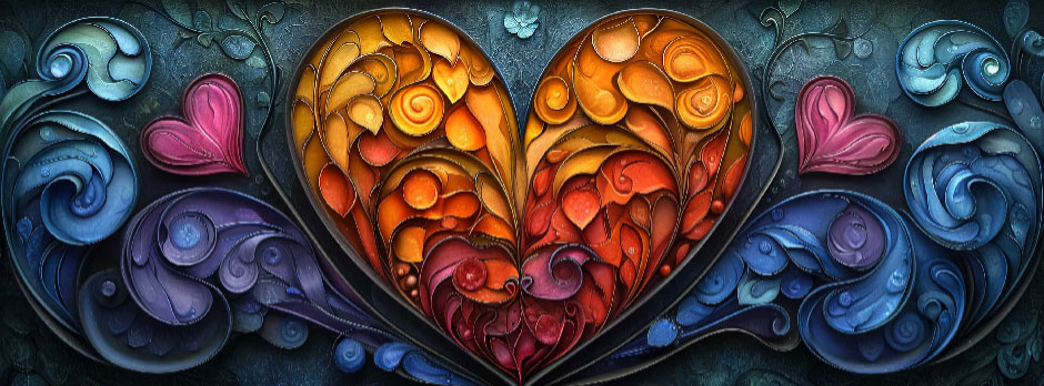 Stained glass heart with swirling patterns and smaller hearts around it