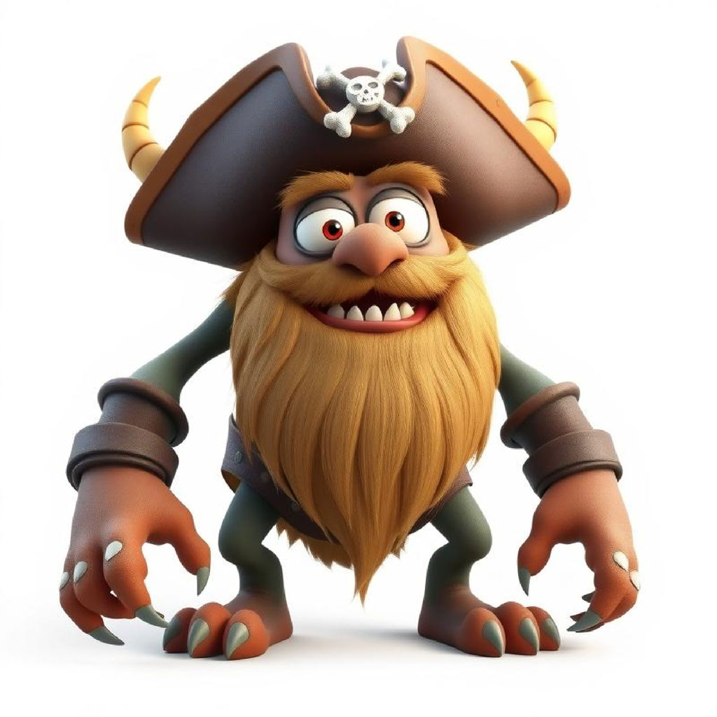 A 3D cartoon illustration of a pirate monster with a large brown hat adorned with a skull and crossbones, a long orange beard, and sharp cl