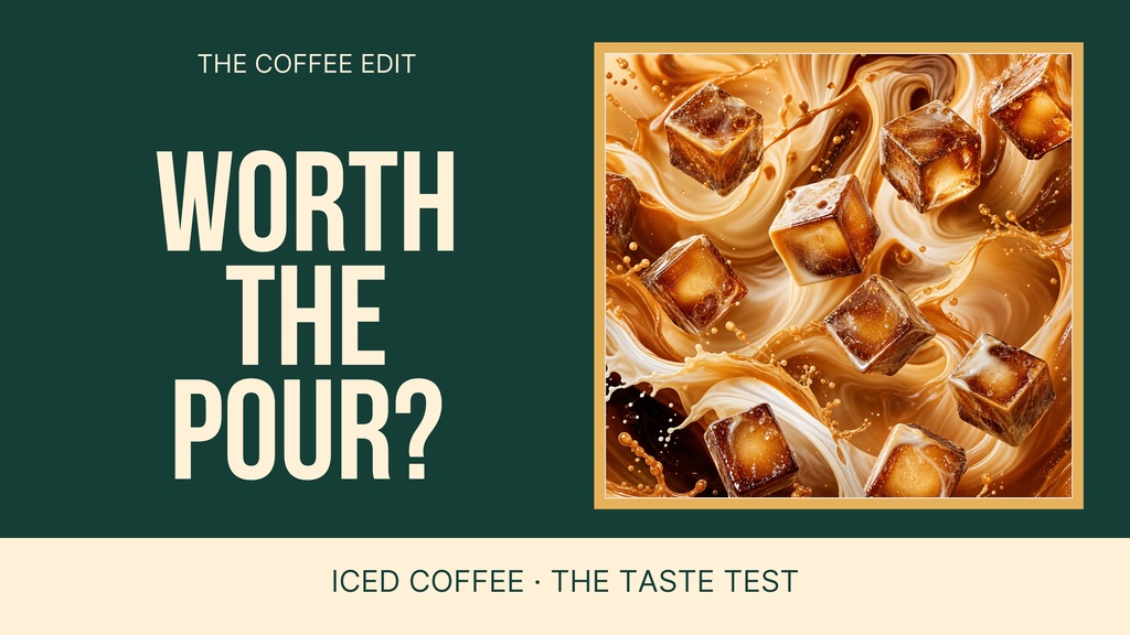 Dark green YouTube thumbnail with iced coffee cubes and the text Worth the Pour?