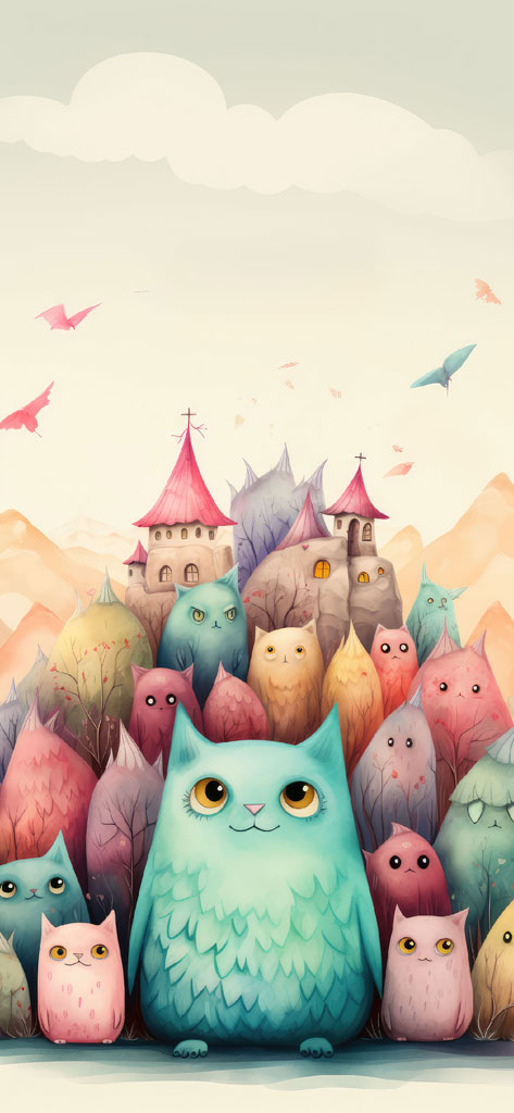Illustration of a large group of cats in various colors surrounding a large teal cat, with a castle and mountains in the background.