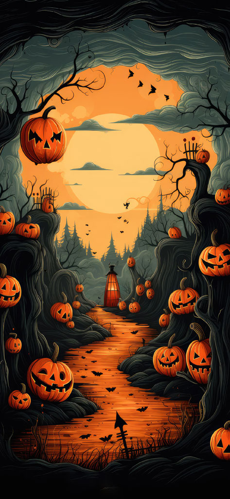 A dark forest path surrounded by carved pumpkins and bare trees under a full moon.