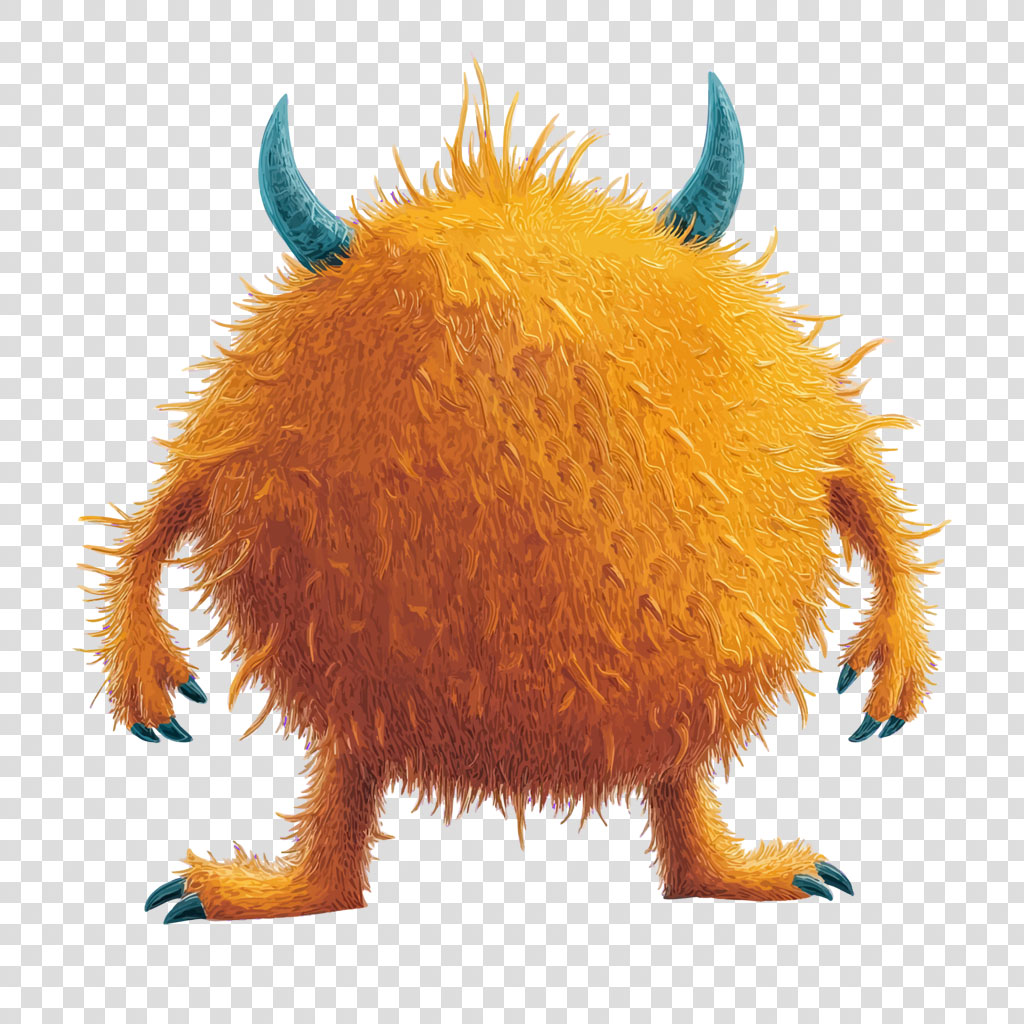 A cartoonish orange monster with blue horns and sharp claws