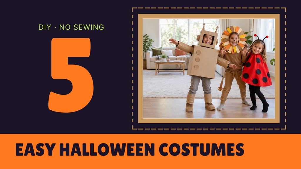 YouTube thumbnail template with three children in homemade Halloween costumes and large number five text