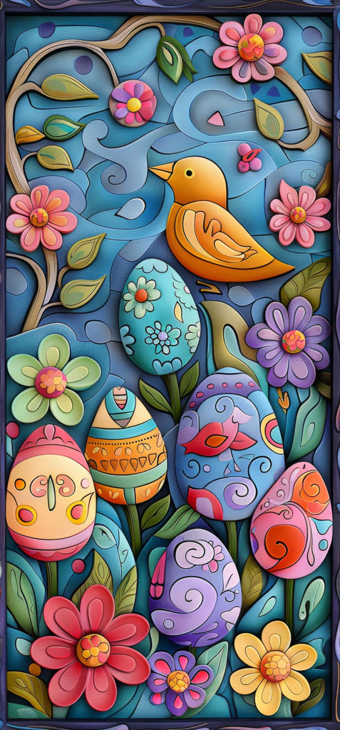 Colorful Easter eggs and flowers with a bird