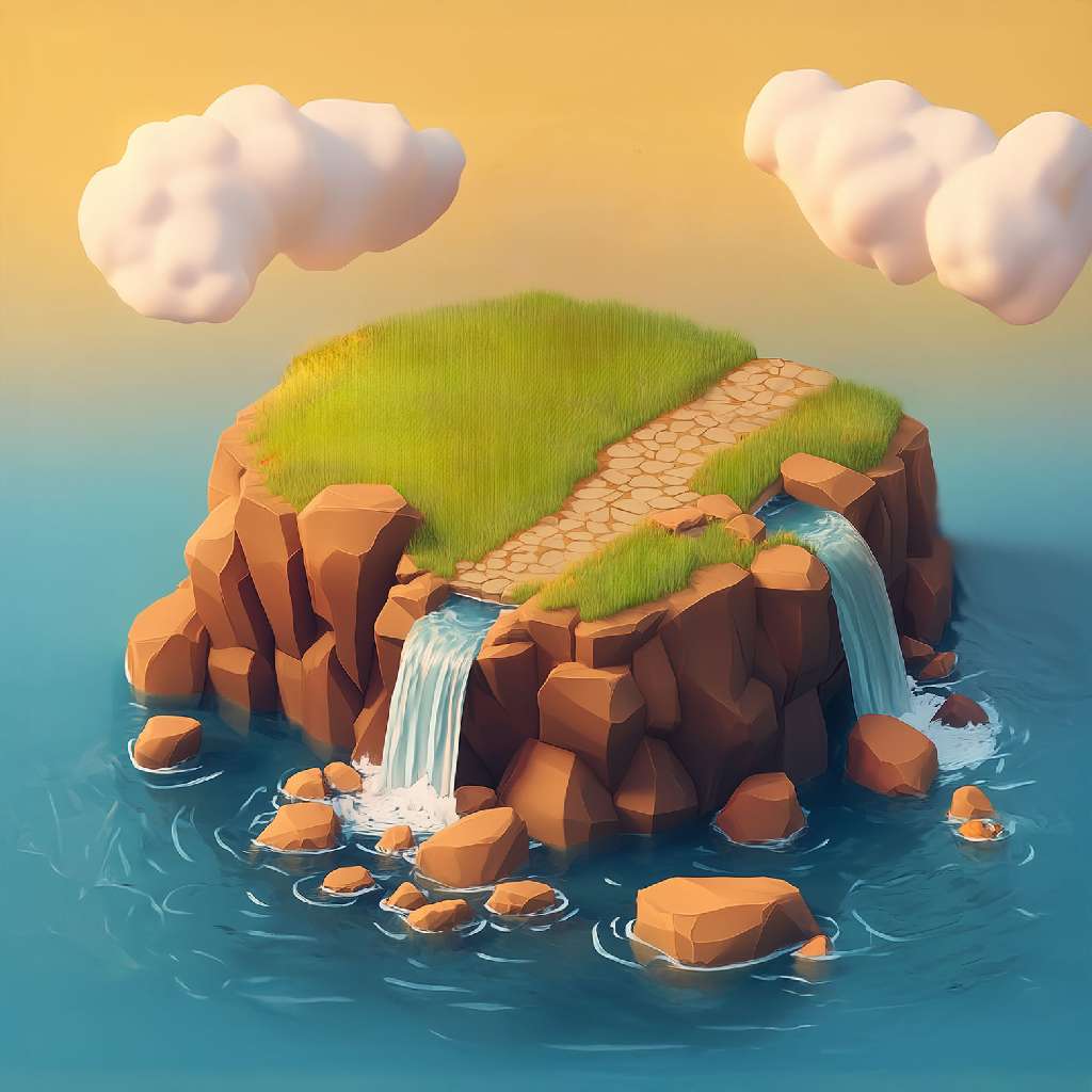 3D illustration of a peaceful island with grassy terrain and cascading waterfalls into the surrounding water.