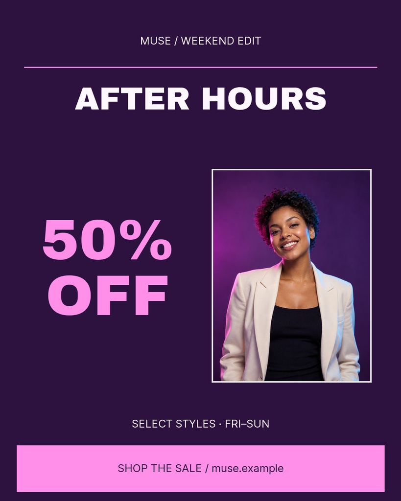Portrait sale post with a smiling woman, bold 50% off text, and purple background.
