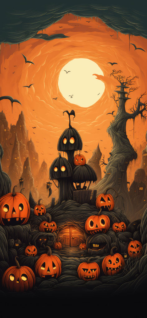 A spooky Halloween illustration with a haunted house and numerous carved pumpkins