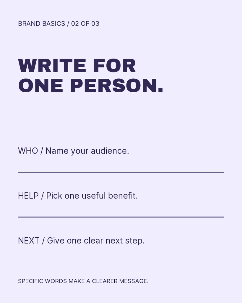 Portrait layout with bold headline, three prompt lines, and minimal brand basics text on a light background.
