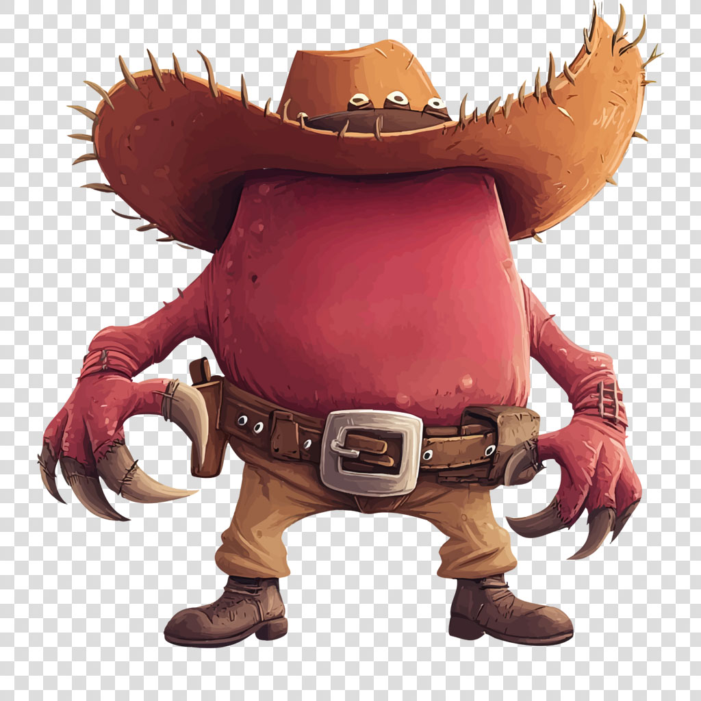 A cartoon cowboy with a large red body, spiky hat, and sharp claws.