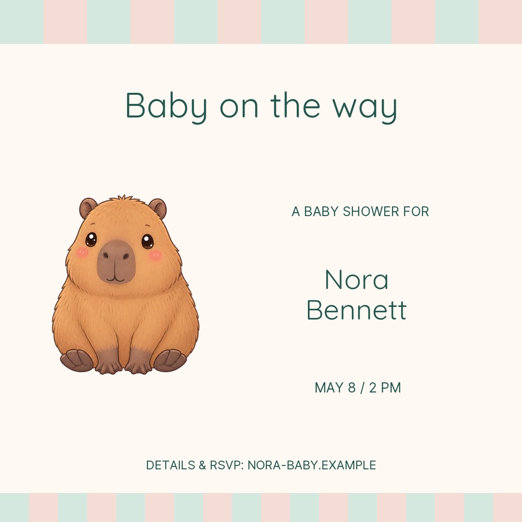 Capybara illustration with baby shower text on a soft square invitation design.