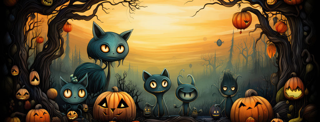 Halloween cats surrounded by pumpkins in a dark forest