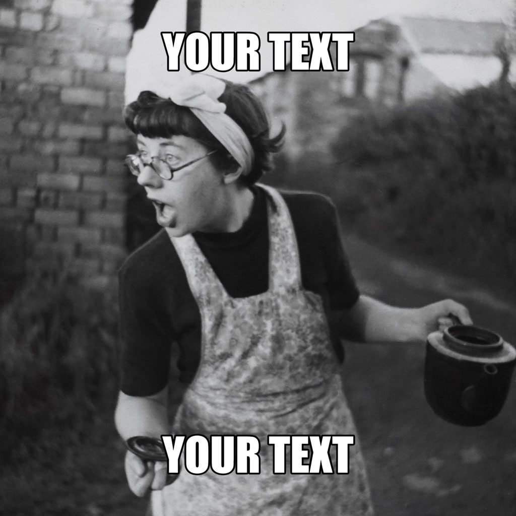 Black and white image of an angry housewife holding a kettle and a spoon