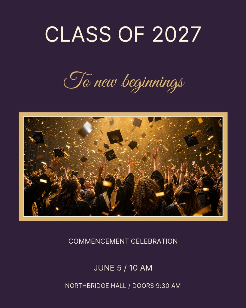 Purple graduation announcement poster with class of 2027 text and a photo of confetti at commencement