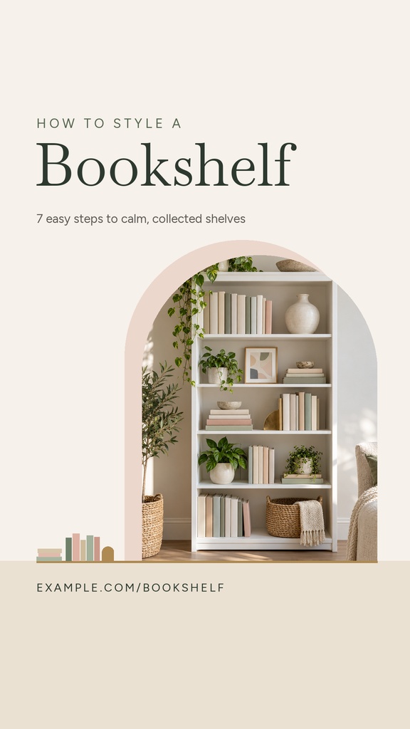 Portrait template with the title How to Style a Bookshelf and a bookshelf photo in an arched frame.