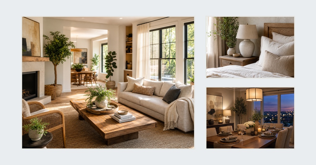Collage of a bright loft living room, bedroom, and evening dining area with city views.