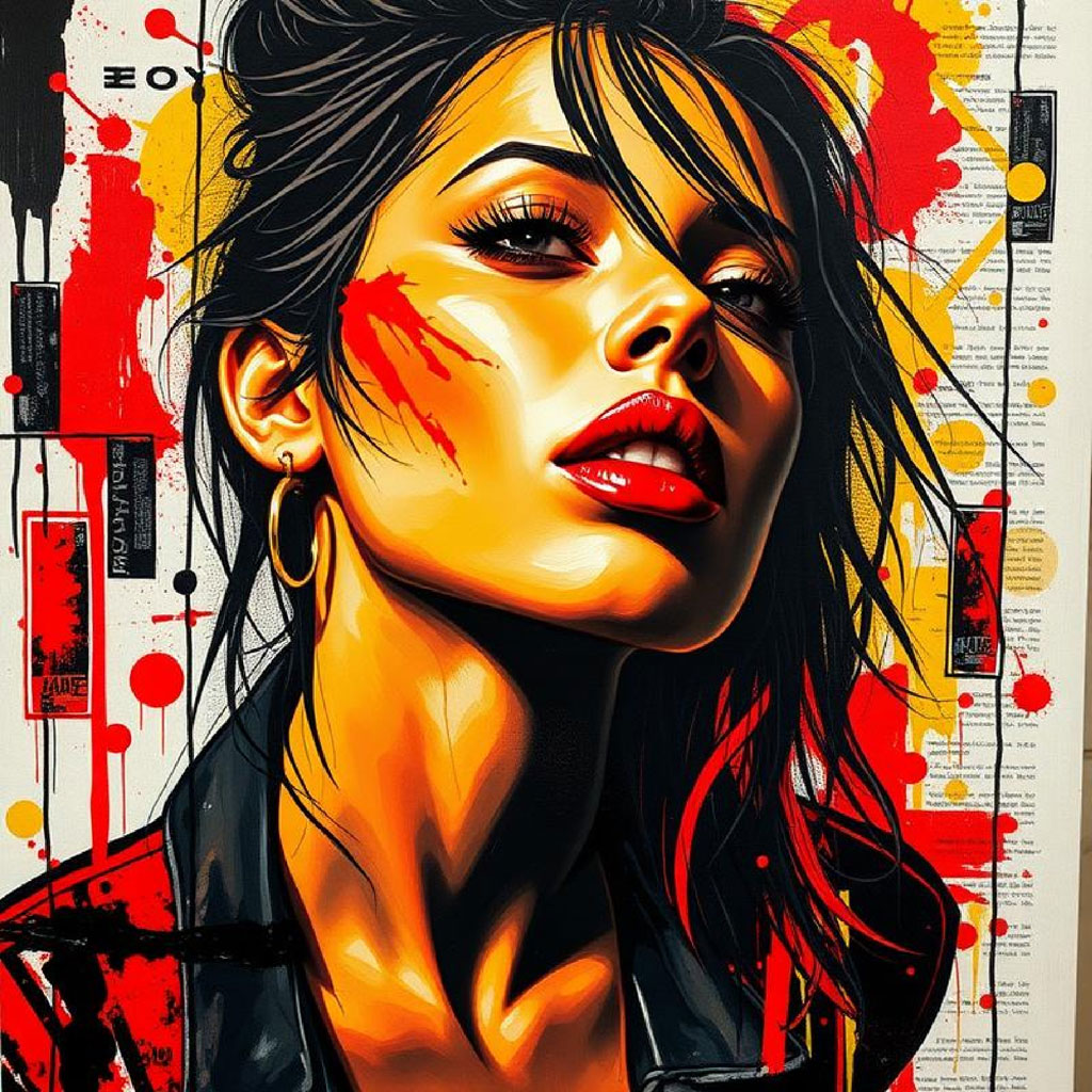 A woman with dark hair and red lipstick, set against a backdrop of red and yellow paint splatters.