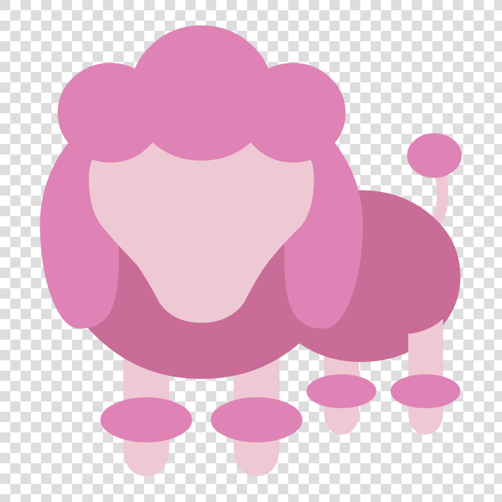 A cartoon-style pink poodle with curly fur and a minimalist aesthetic.