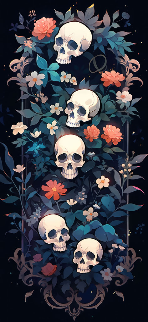 Five skulls arranged vertically amidst flowers and leaves on a black background.