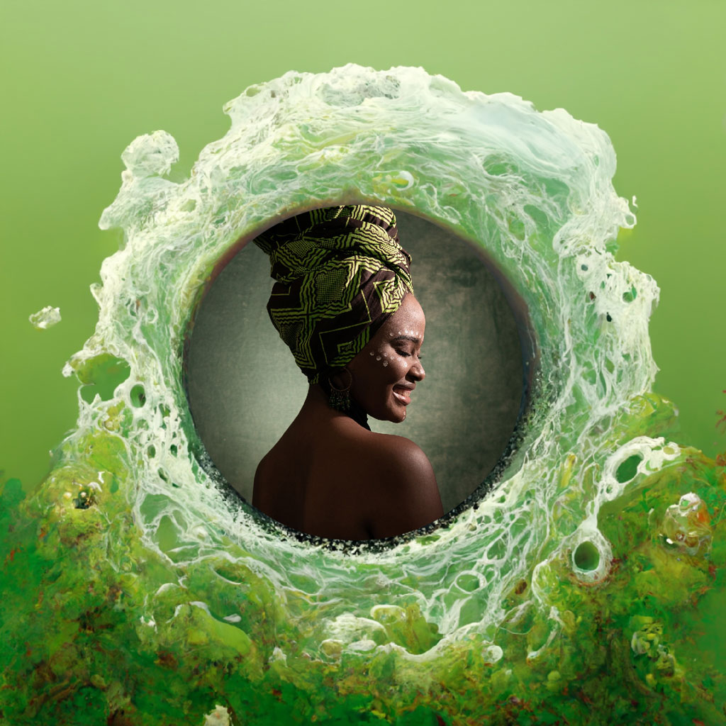 A woman with a patterned headwrap surrounded by a swirling green and white circular design.