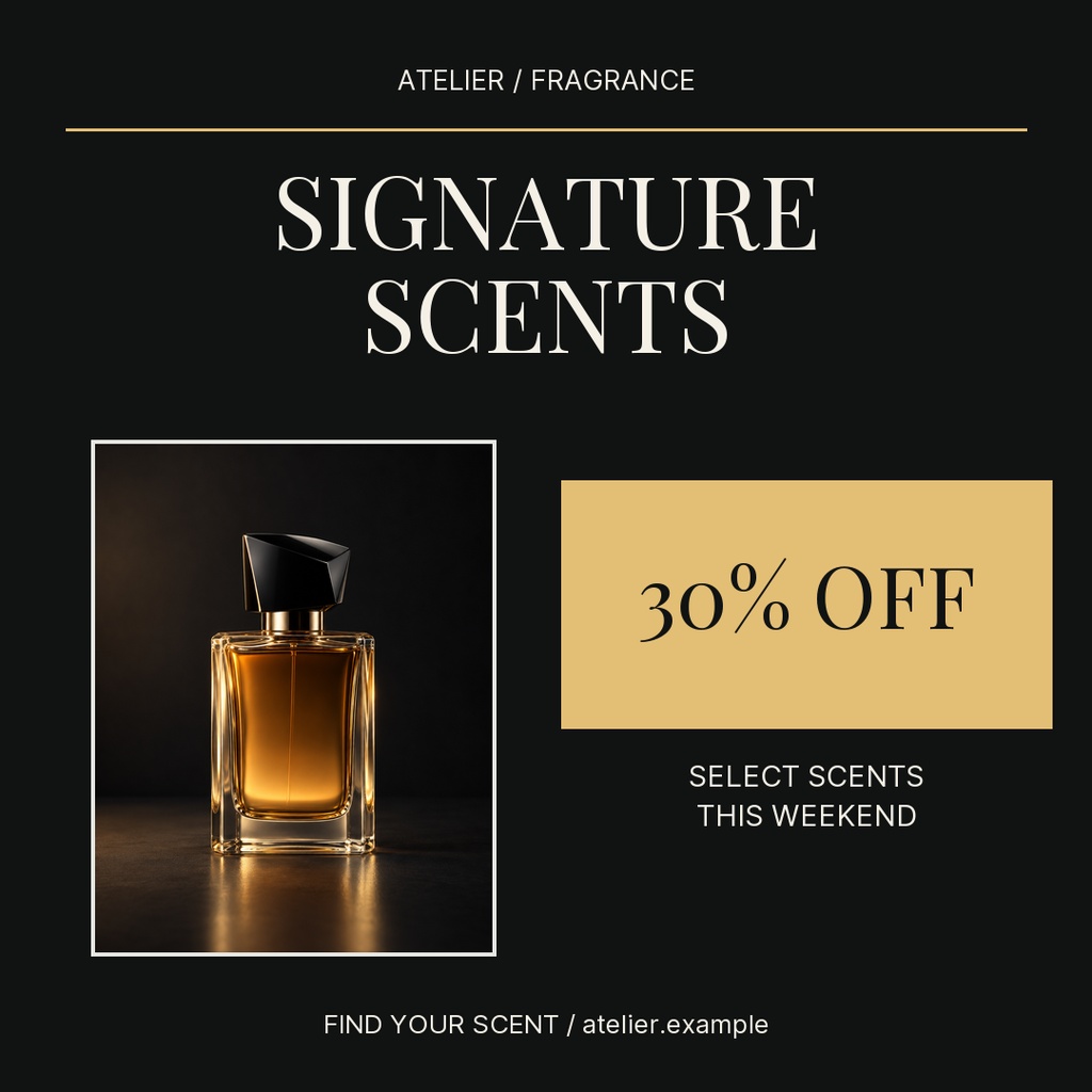 Black and gold fragrance promo post with perfume bottle, Signature Scents title, and 30% off offer