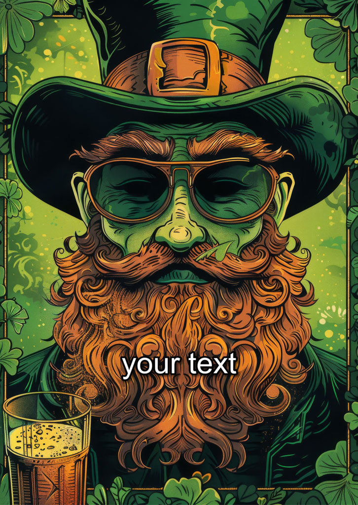 Illustration of a bearded leprechaun wearing sunglasses and a hat, with a glass of beer.