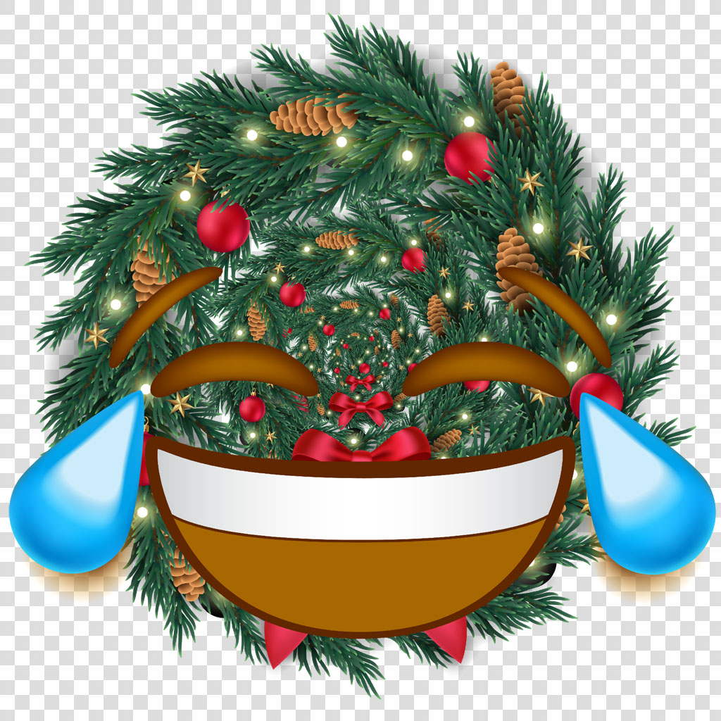 A cartoon Christmas tree with a smiling face