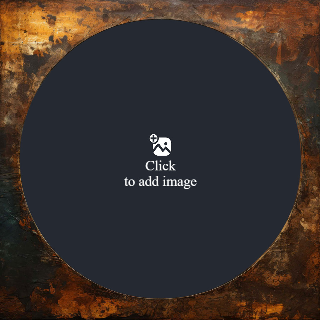 Abstract painting with dark blue circle on rust and blue background