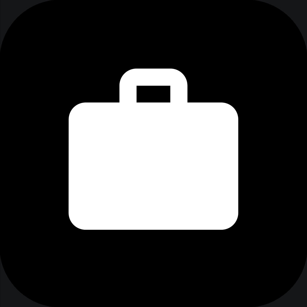 White briefcase icon on black background