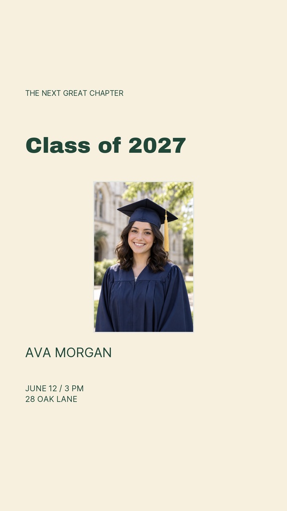 Portrait Instagram story with Class of 2027 text, graduation photo, name, date, and location on a light background.