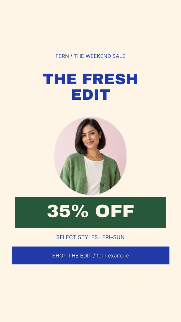 Cream Instagram story design with a woman portrait, bold 35% off banner, and blue shop call to action.