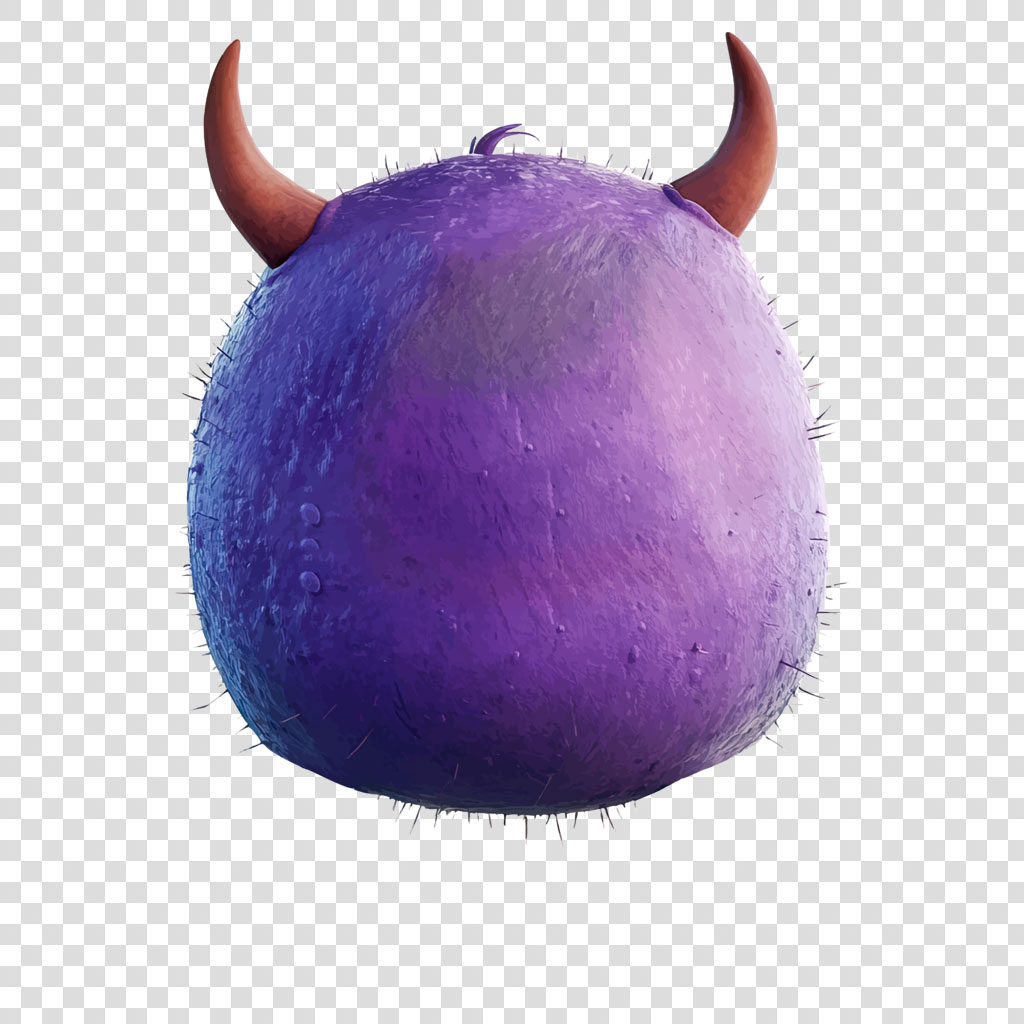 A purple, fuzzy creature with two red horns