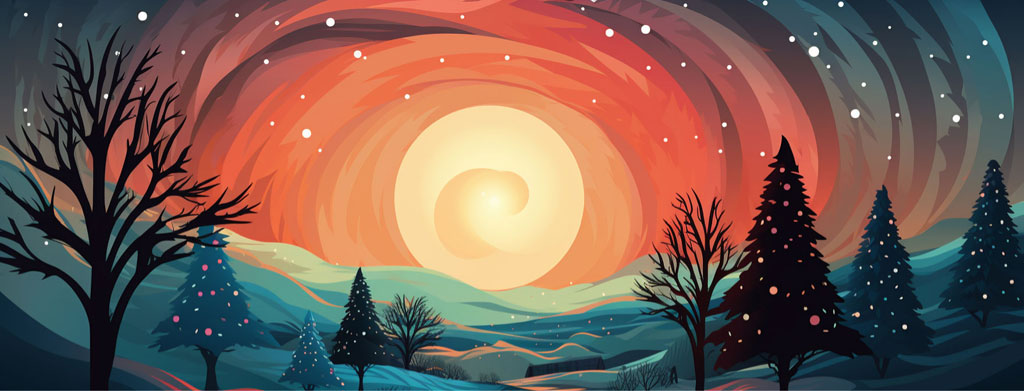 A digital illustration of a winter scene with a large orange moon and silhouetted trees.