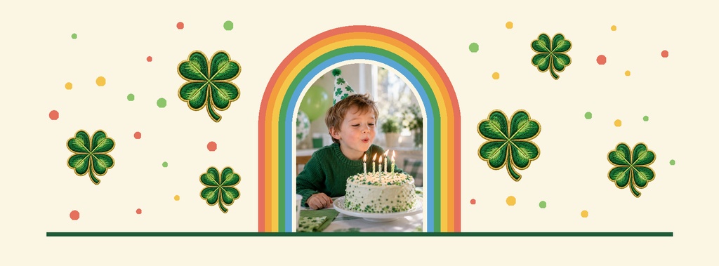 Child with birthday cake framed by a rainbow arch and shamrock decorations