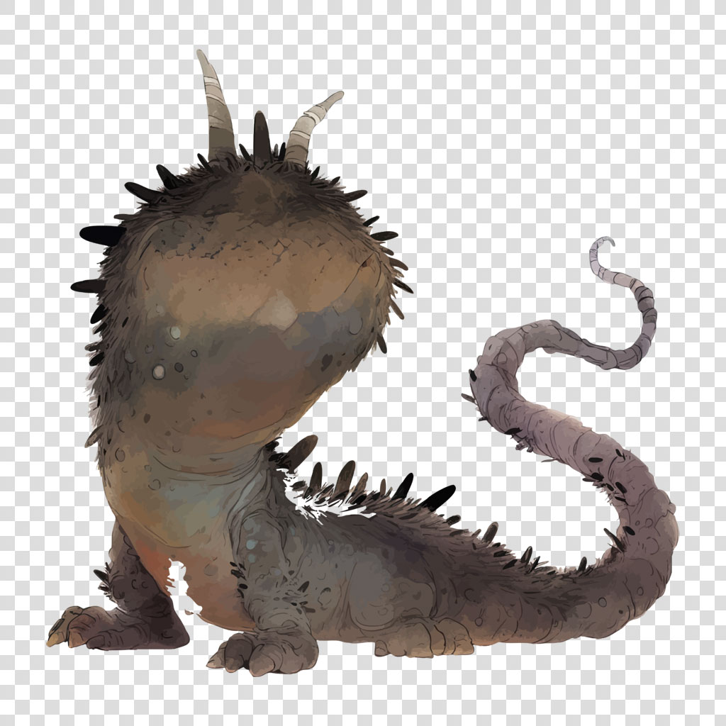 A cartoon-like creature with a large head, two horns, and a spiky body.