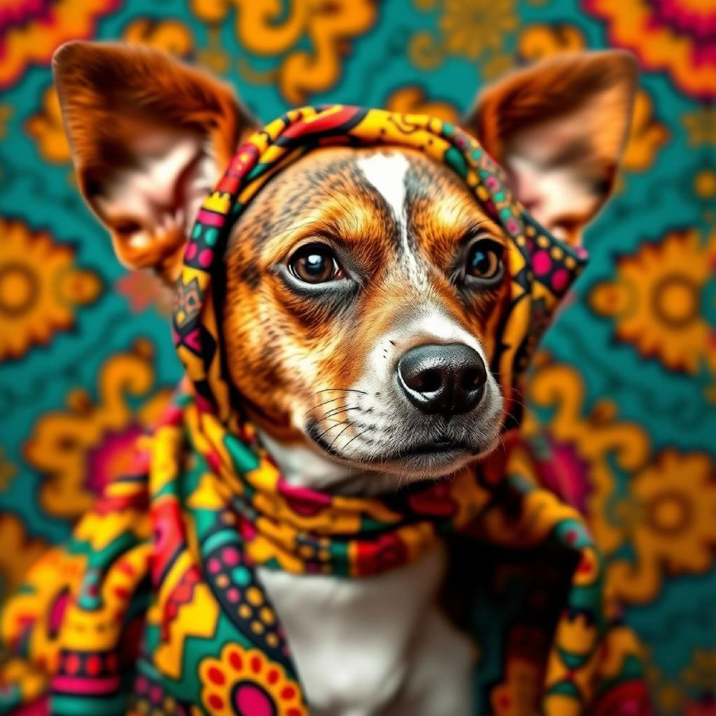 Woman wearing colorful African headwrap and clothing against a floral background