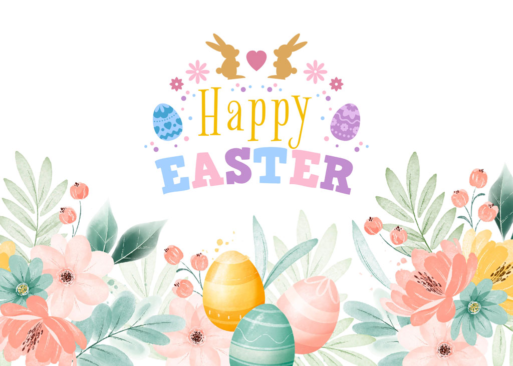 Happy Easter greeting card with flowers and eggs