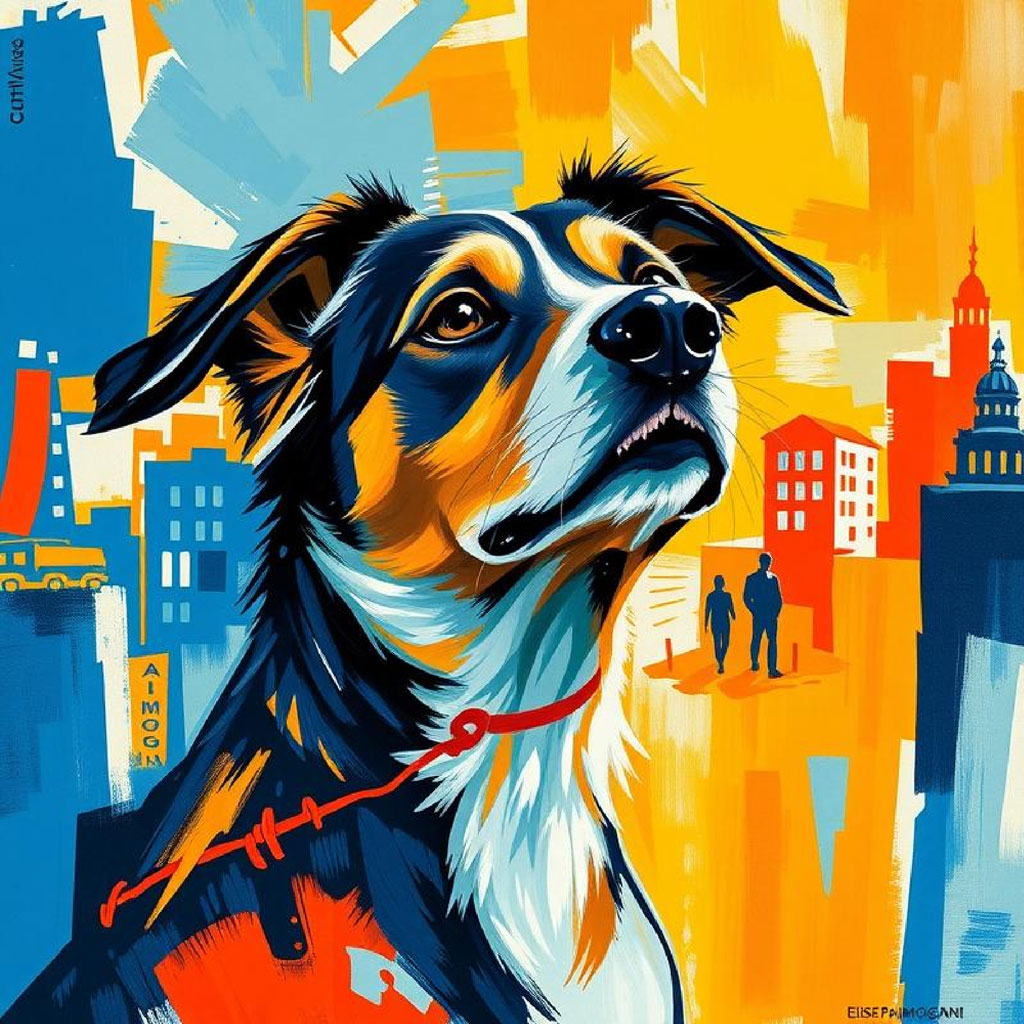 Stylized cityscape with diverse buildings and a winding road at sunset